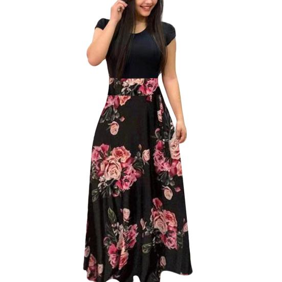 Women Short Sleeve Floral Printed Patchwork Prom Cocktail Large Swing Maxi Dress