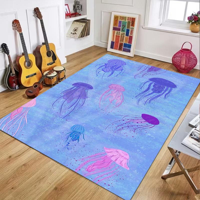 

Marine Life Fish & Jellyfish Print Area Rug Non Slip Soft Washable Floor Carpet Mat for Living Room Bedroom Coastal Decor 40X60CM