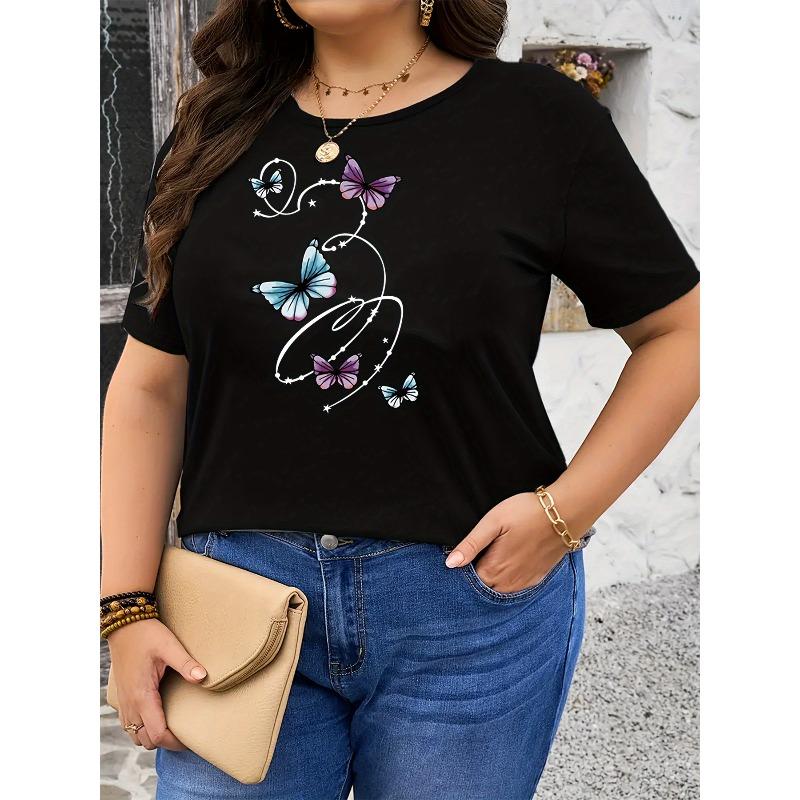 

European Size Womens Plus Size Butterfly Print T Shirt 4XL чорний