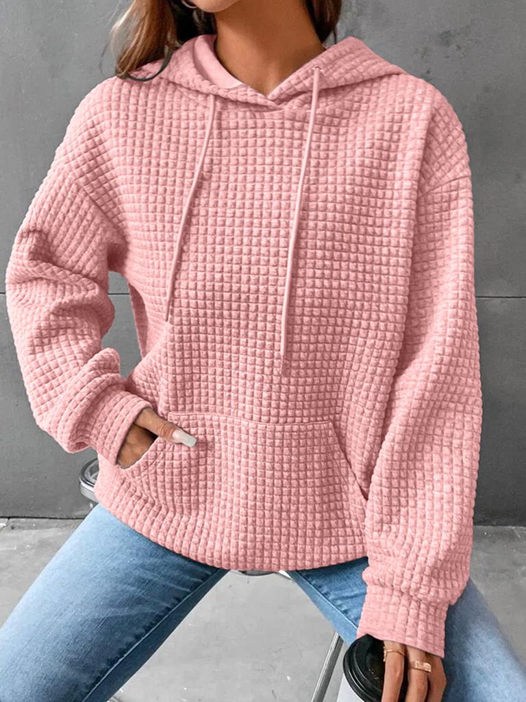 2025 New Women's Loose Hooded Long-sleeved Stitching Sweater Leisure Versatile Round Neck Solid Color Waffle Knit Hoodie