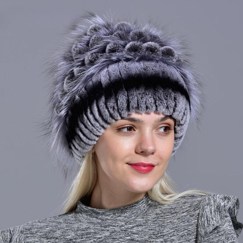 Natural Fur Hats for Women  Winter Knitted Rabbit Rex Hand Sewn Real Fur Warm Floral Elegant Girls Fashionable Stylish Hat