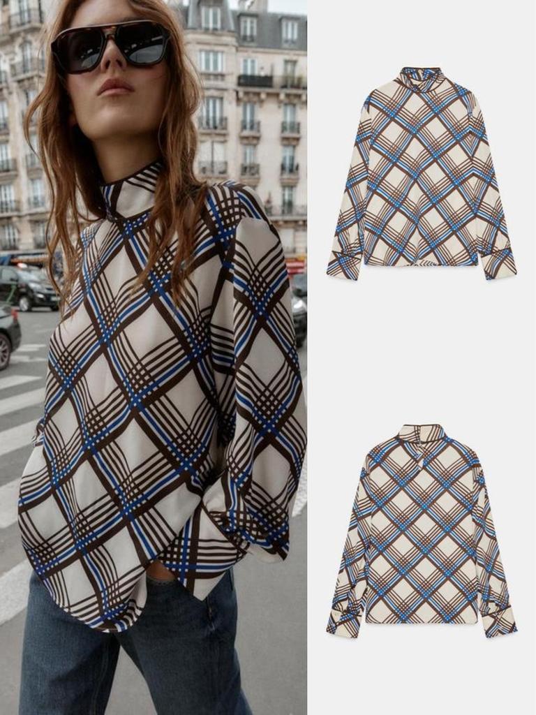 Trendy European & American Women's Plaid High-Neck Shirt - Versatile Summer Casual Fashion