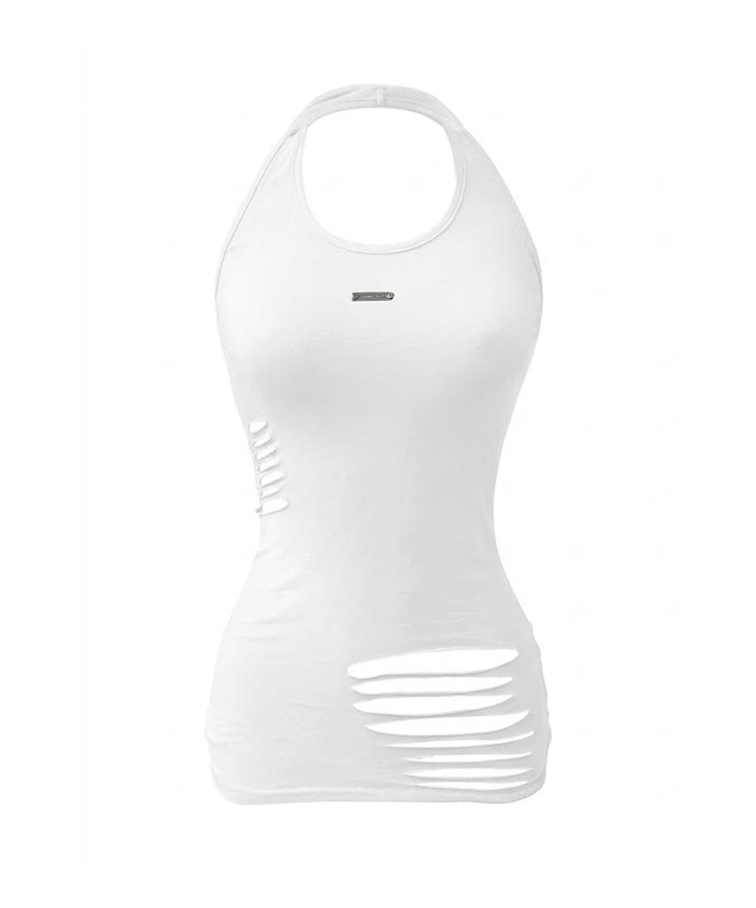 URBANUNIQUE LABEL Hand-Cut Damaged Halterneck Sleeveless (White)