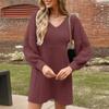 Women Autumn Winter Lantern Sleeve Solid Color Loose Knitted Sweater One Piece Dress