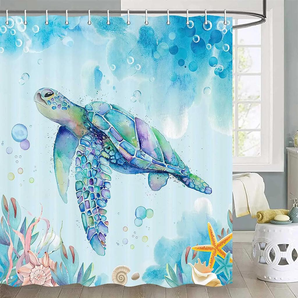 Sea Turtle Shower Curtain Green Ocean Turtle Beach Nautical Landscape Bath Curtain Polyester Fabric Bathroom Accessories Hooks