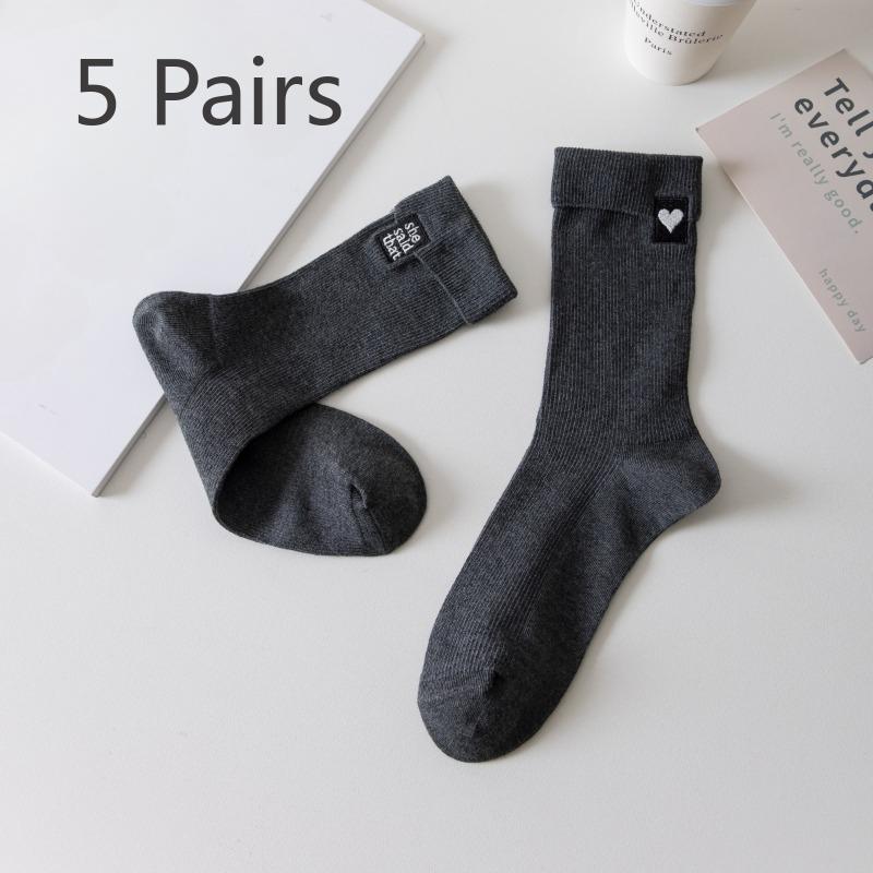 

5 Pairs Spring New Socks Left and Right Foot Love Letters Embroidery Women s Mid-calf Socks Simple Flip Side Stacked Socks Women 5 pairs темно-серого