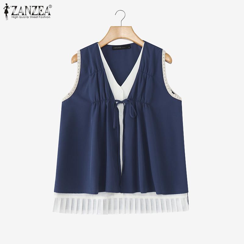 ZANZEA Women V Neck Sleeveless Fake Two-piece Buttons Up Pleated Casual Tank Tops