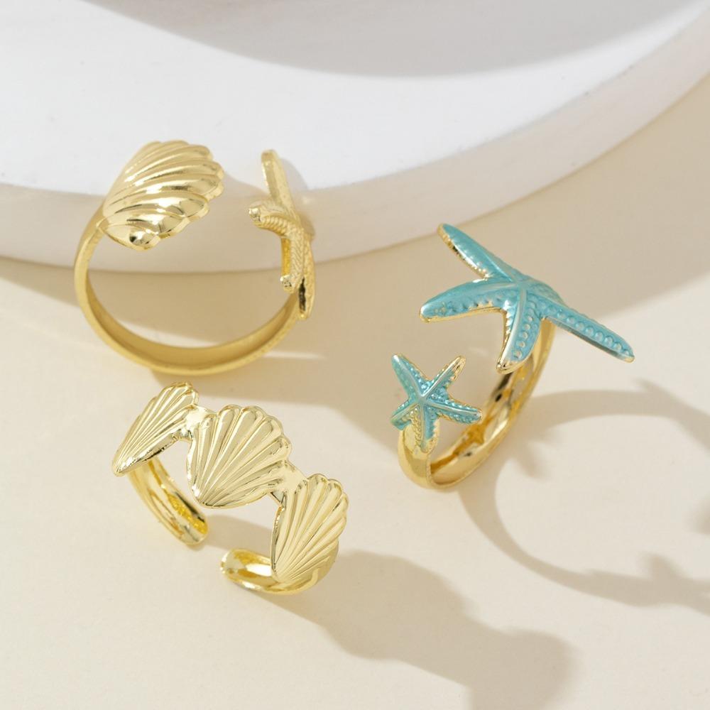 3pcs Set Bohemia Irregular Ocean Starfish Seashell Opening Rings for Women Summer Beach Vacation Jewelry Stacked Ring Accessory