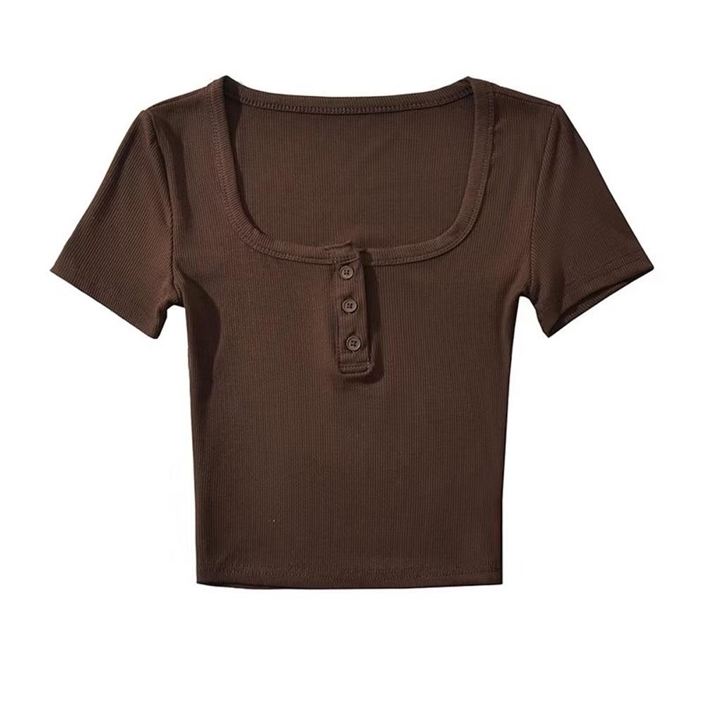 YPFF Women's Retro Square Neck Button Short Sleeve Crop Top