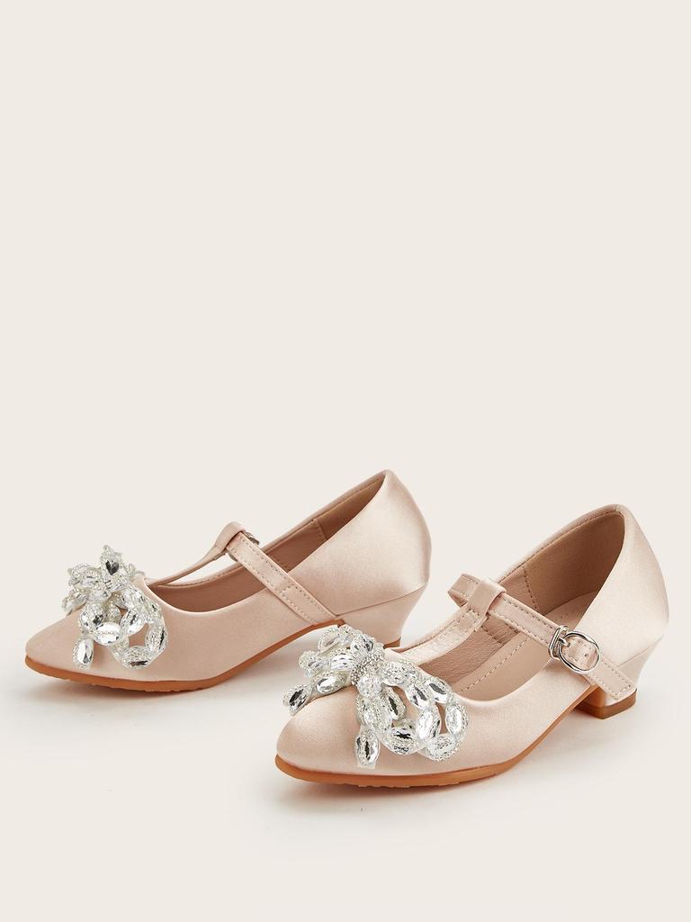 2025 Winter Crystal Flower Bow High Heels for Girls - Pointed Toe Leather Shoes for Small and Medium Children