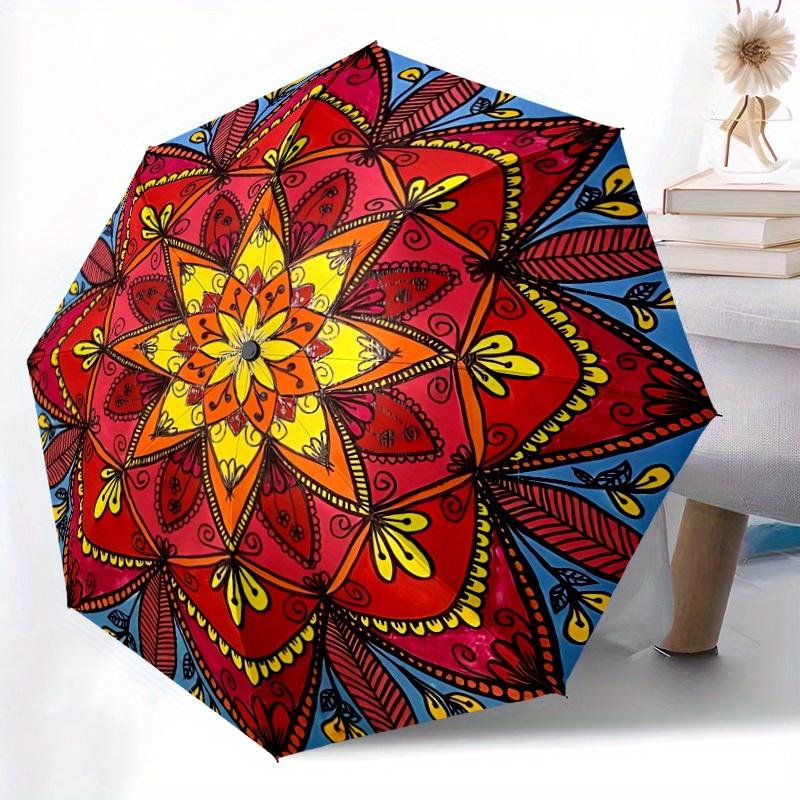 1pc Mandala Art Automatic Open, Sturdy Iron Frame, Compact Folding Design, All-Season Portable Umbrella for Women & Men, Outdoor Umbrella yy