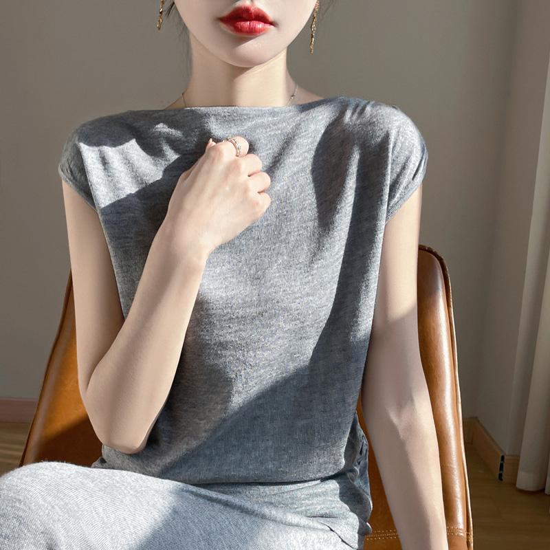 Women's Wool Sleeveless Pullover Qinghe Cashmere 50% Silk 50% Wool Spring and Summer Wool Short Sleeve Soft Comfortable Warm