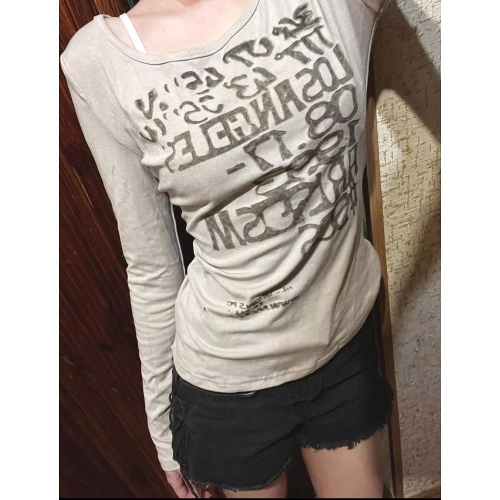 Japoniški Y2k marškinėliai su raidžių spauda, vulgarūs 2000-ųjų stiliaus ilgomis rankovėmis briaunoti topai, vintažiniai Harajuku gatvės drabužiai, amerikietiški retro