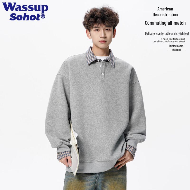 

Wassup Sohot Men s Plaid Faux Layered Polo Sweatshirt M