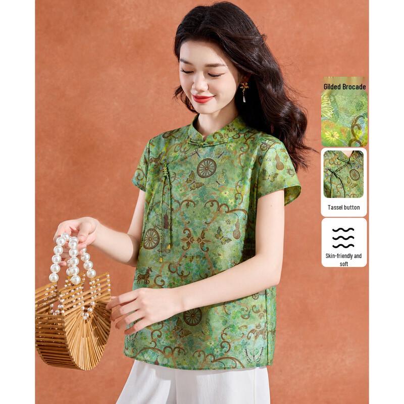 New Chinese Style Floral Print Short-Sleeve Blouse 2XL
