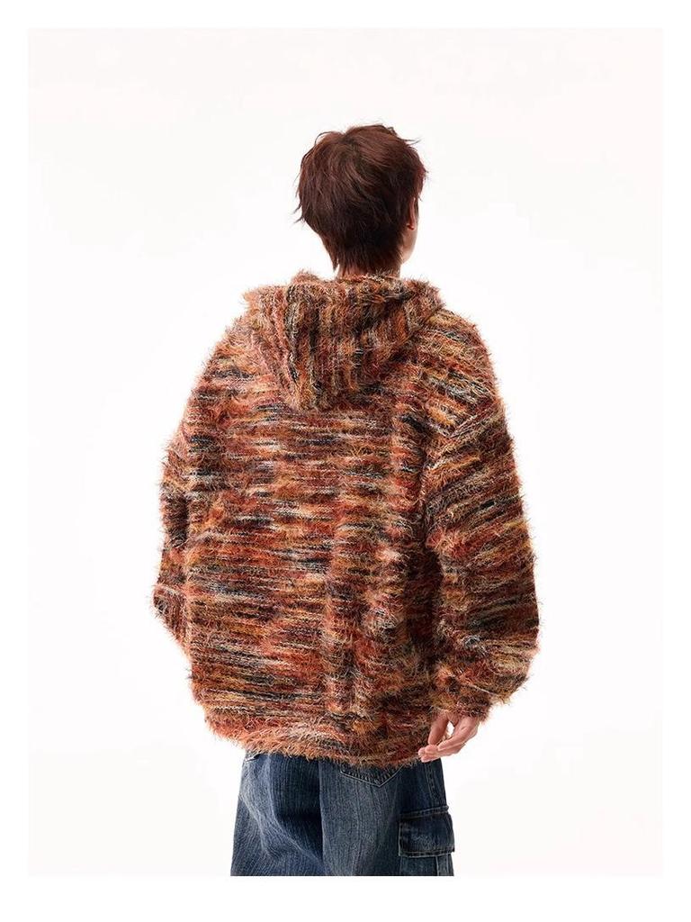 Unisex Gradient Striped Hooded Sweatshirt - Retro Winter Cardigan Style with Oil Painting Knit Design