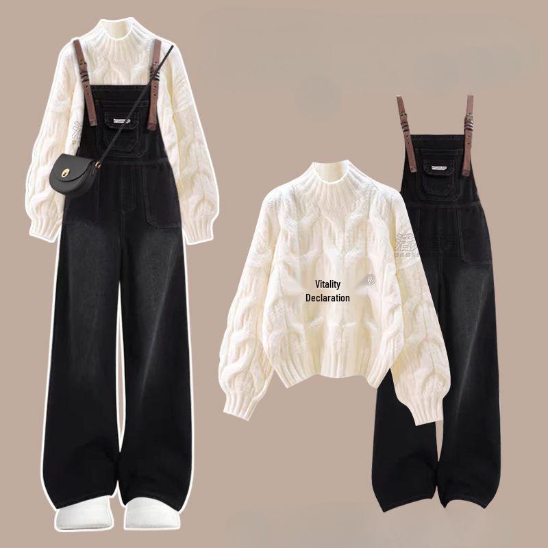 Winter 2025 Women's Plus Size Cable Knit Sweater & Denim Overalls Set