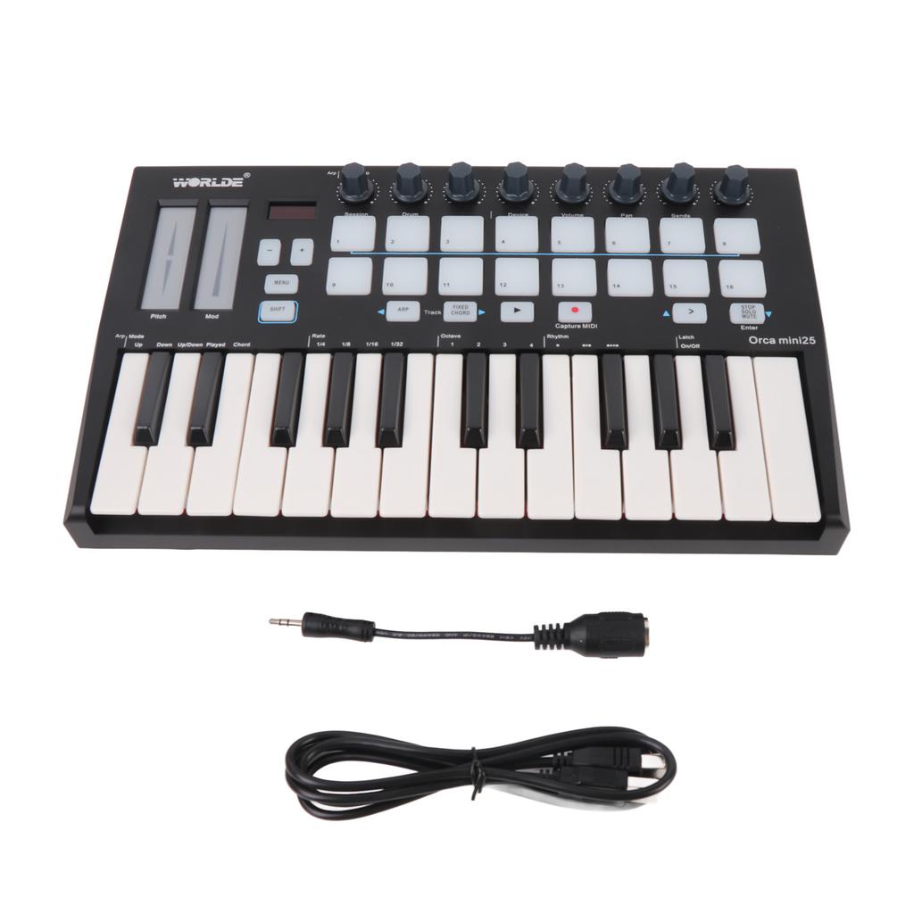 Portable 25 Key USB MIDI Keyboard Controller with 16 RGB Backlit Trigger Pads 8 Assignable Control Knobs