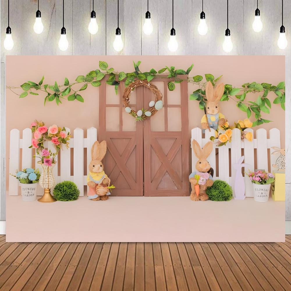 Easter Pink Photography Background Colorful Painted Eggs Floral Wooden Kids Party Portrait Decoration Photo Backdrop Studio Prop6