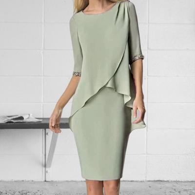 2024 Formal Dress Half Sleeve Dressing Temperament Stylish Pleats O Neck Sheath Dress for Wedding