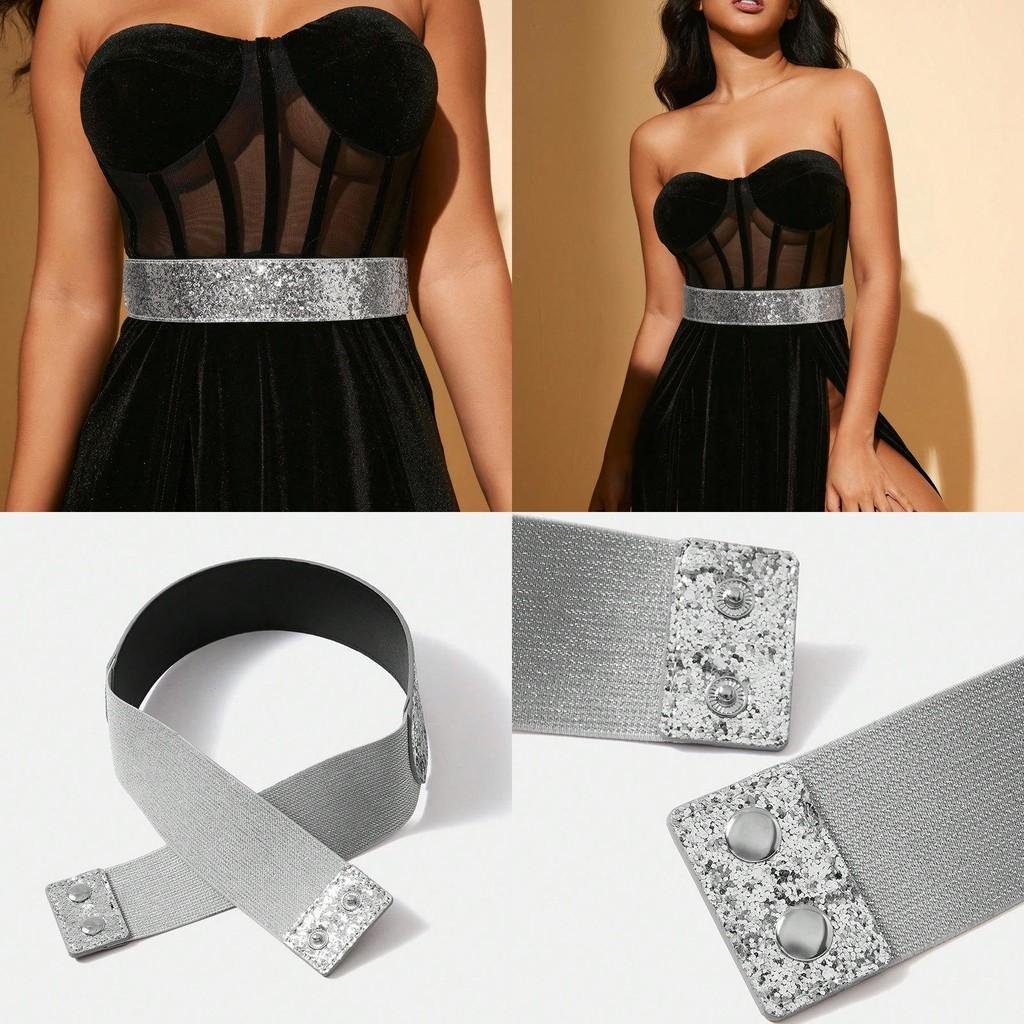 Ladies Dress Up Wide Belt With Shiny Sequins And Adjustable Fit For Office And Events