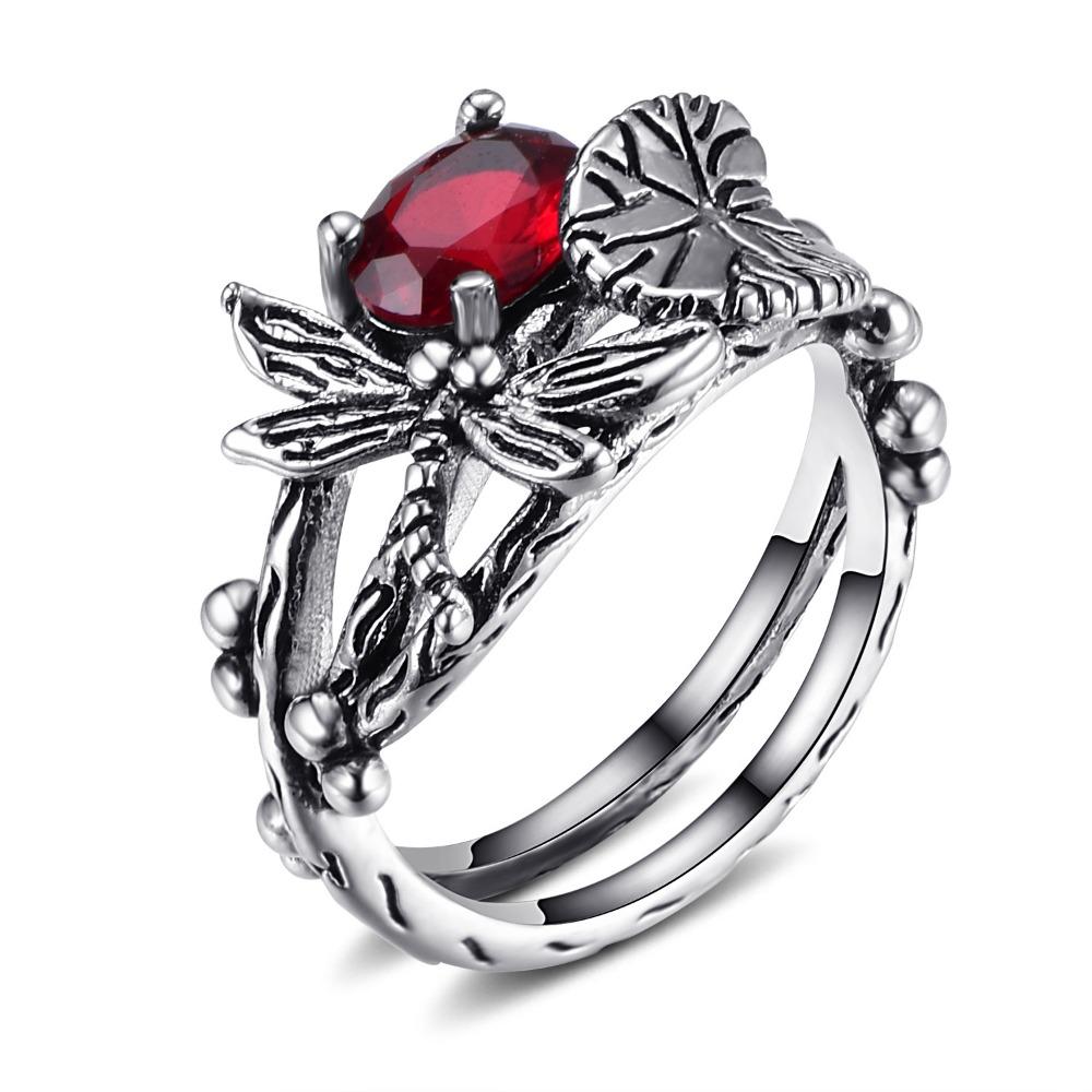 Vintage Dragonfly Lotus Ring for Women with Topaz Silver Plated Bohemian Style Jewelry