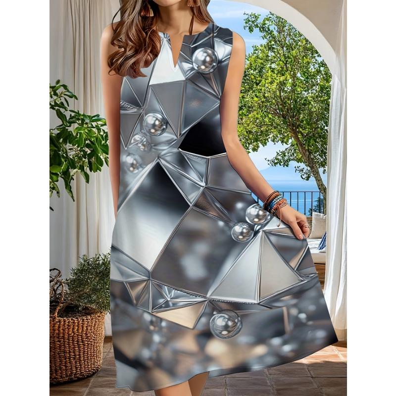 Ärmelloses V-Ausschnitt-Kleid für Damen mit lässigem Midi-Design und 3D-Geometriemuster, perfekt für Sommerausflüge