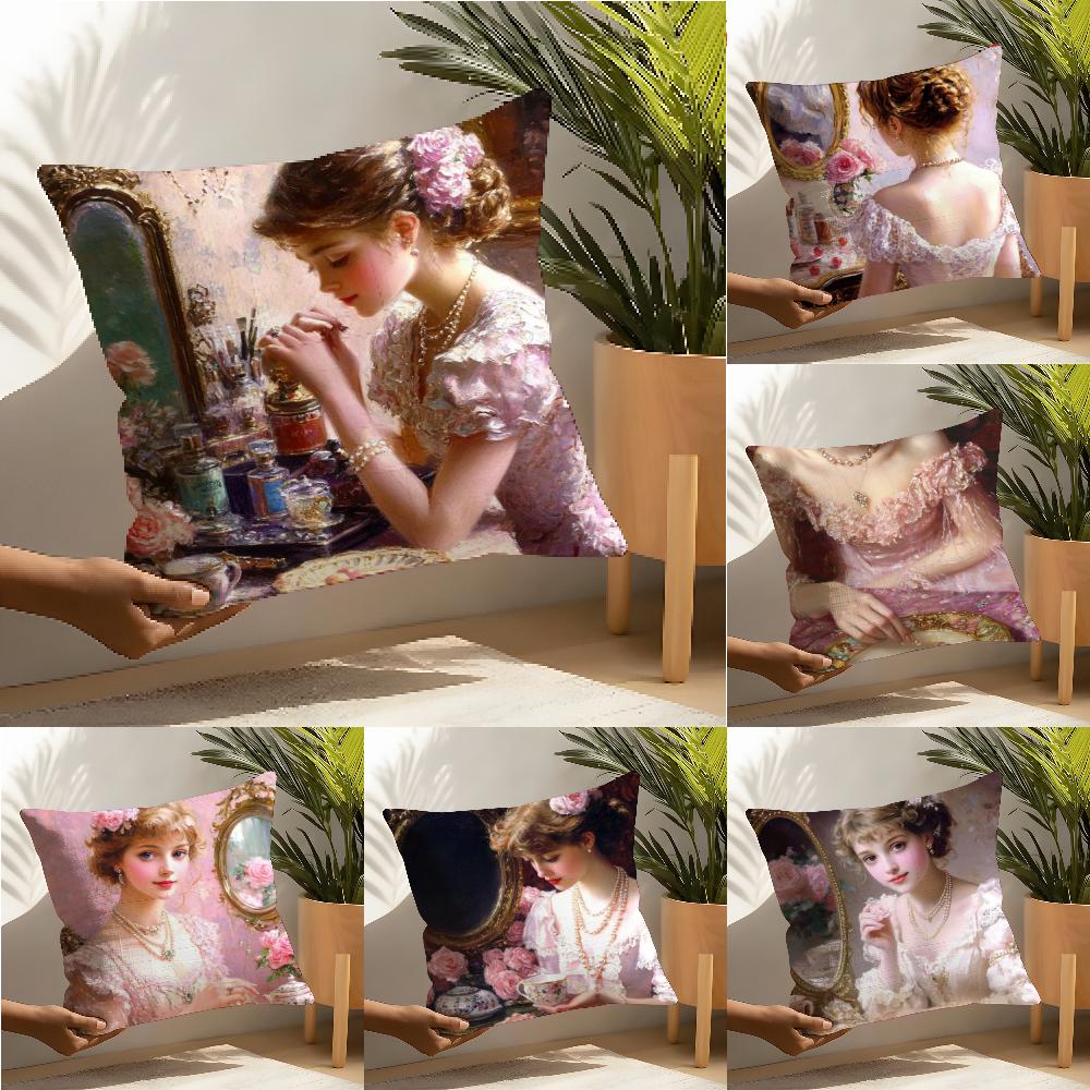 Oil Painting Girl Pillow Case Home Living Room Decoration Linen Pillow Cases Cushion Cover