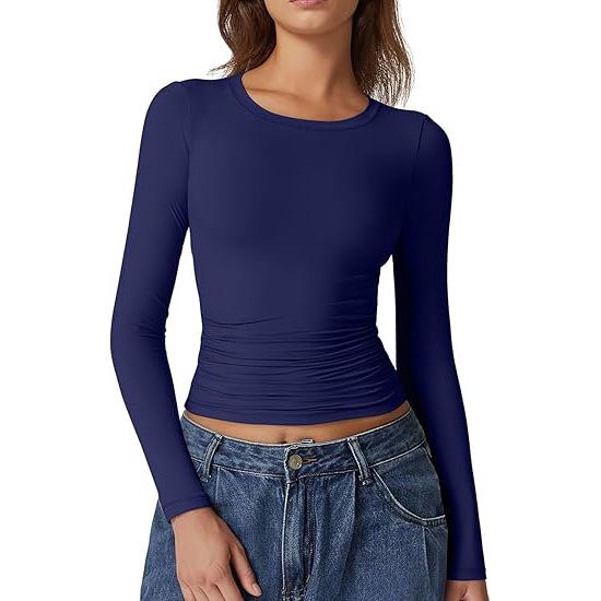 European & American Long Sleeve Round Neck Milk Silk Pullover Tops for Women