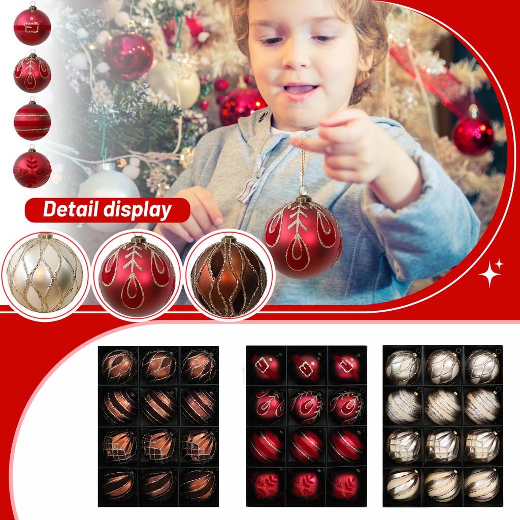 Set of 12 Shatterproof Christmas Tree Ornaments with Glitter Detailing Assorted Decorative Holiday Baubles for Home