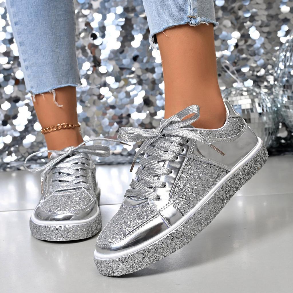 Women's Trendy Casual Thick Soled Sneakers Bright Fashionable Women's Shoes Low Top Lace Up Sports Flat Women's Dress Shoes Flat