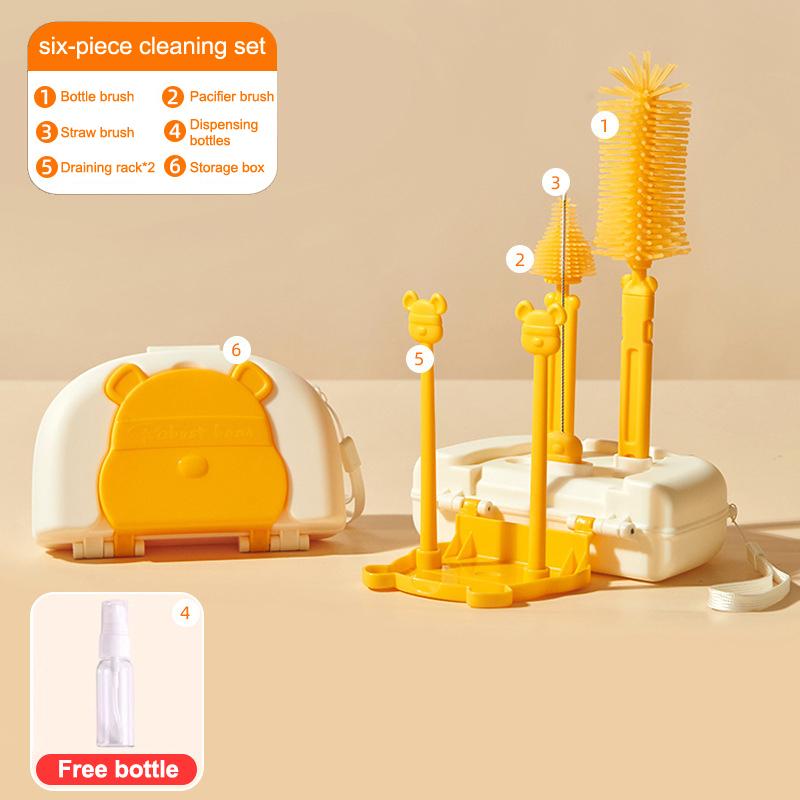 

Portable 6 In 1 Baby Bottle Cleaner Set With Drying Rack 2 Silicone Baby Bottle Brushes Straw Brush Nipple Brush Storage Box