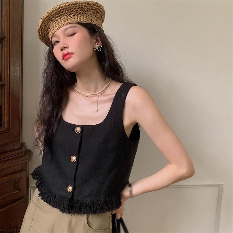 

Женские майки O Кисточки на шее Темперамент Однотонные однобортные трикотажные топы-кардиганы без рукавов