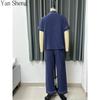 Women Pajama Set Cotton Summer Button‑Up Short Sleeve Long Pants Lapel Pocket Loungewear For Home Sleepwear