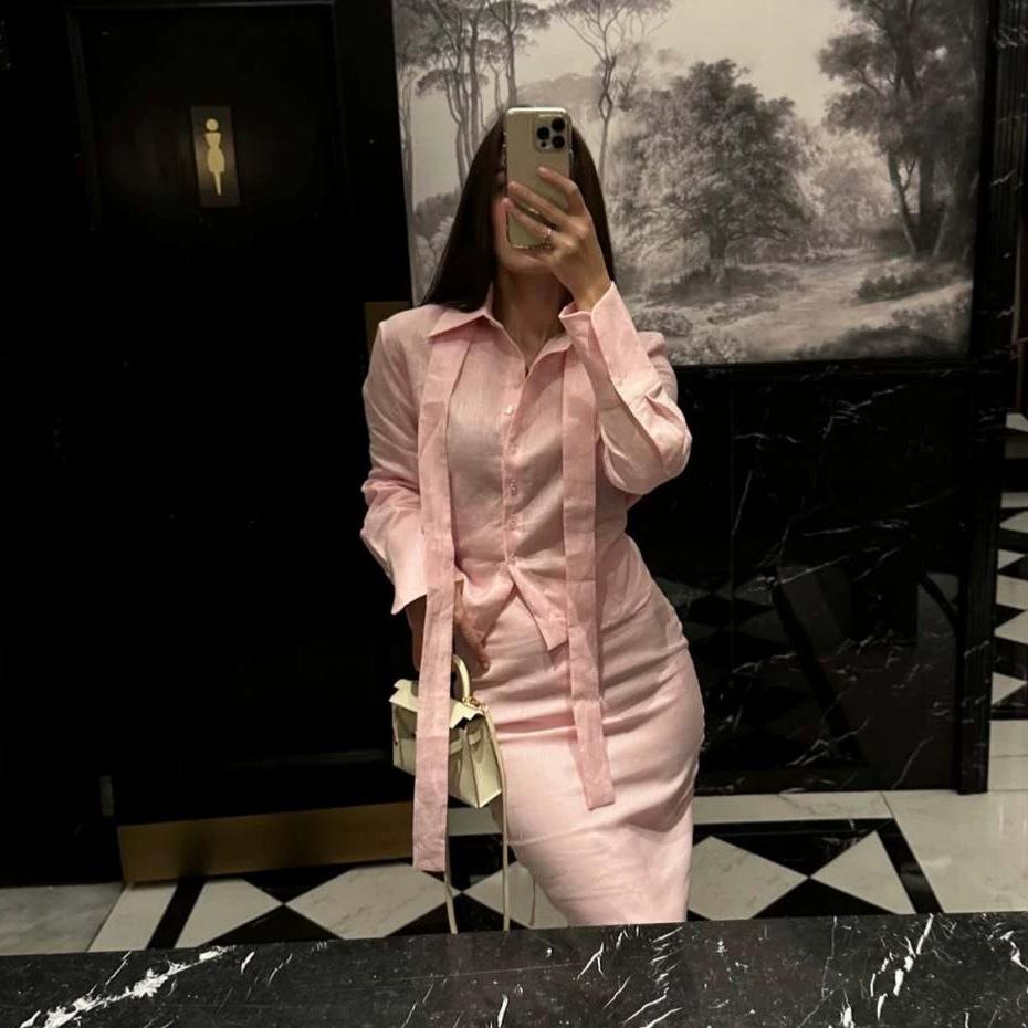 European and American Amazon Women's Clothing New Temperament Commuter Style Lace-up Lapel Long-sleeved Shirt Slim-fitting Long Skirt Set