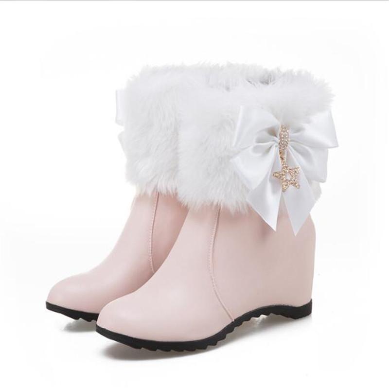 Fashion Women Boots Wedges Lolita Shoes Bowknot Diamond Women Cosplay Girls Princess Winter Ankle Boots Pink White Black 34-43