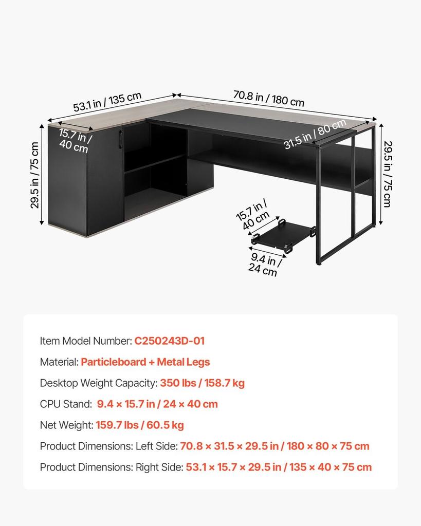 L-Shaped Executive Desk, Large Modern Office Table with Drawers & Storage Cabinet, Heavy Duty Wooden Executive Table with CPU Stand, 158.7 KG Load