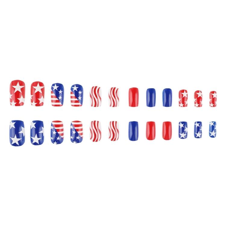 Square False Nail French Tip Press on Nail Full Cover Fake Nail Independence Day Glues on Nail Patriotic False Nail