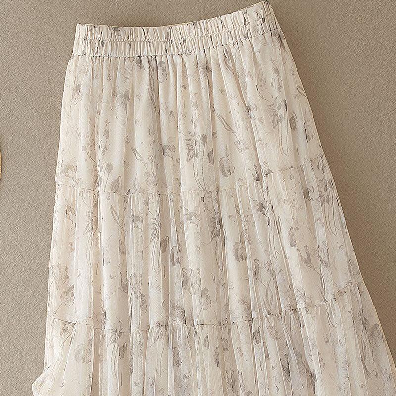 Sibaisha Women's High-Waist A-Line Floral Mesh Midi Skirt