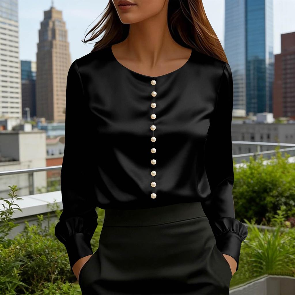 Women's Long-sleeved Satin Color Shirt. Pearl Button Collar. Round Neck Silky Smooth Business Casual Top