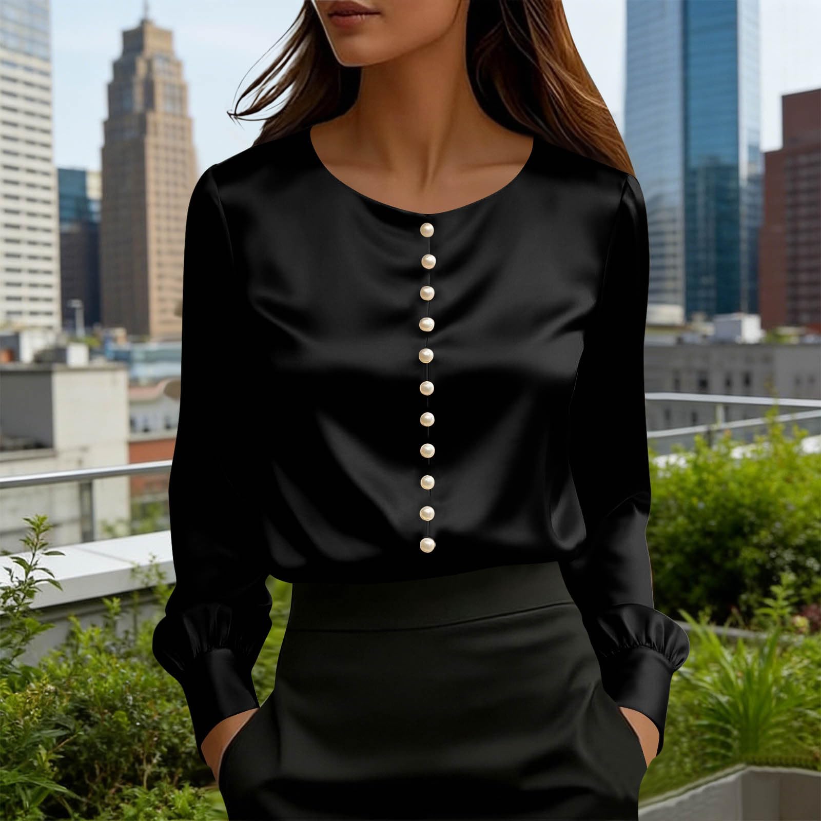 

Женская атласная рубашка с длинным рукавом, цветная, воротник с жемчужными пуговицами, круглый вырез, шелковистая, гладкая, деловой повседневный топ L чёрный