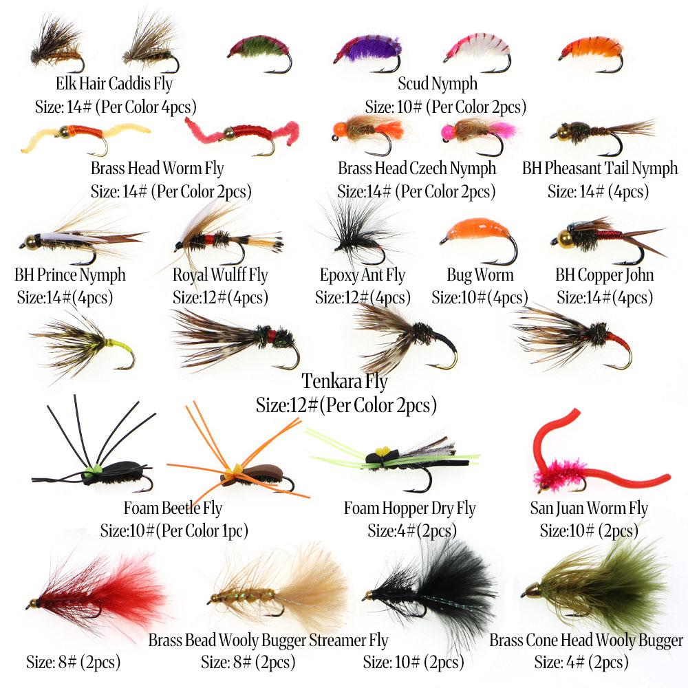 30/70/88/92 Stück Fliegenfischen Fliegen Set Mit Woolly Bugger Hare's Ear Nymphe Trocken-/Nassfliegen Elchhaar Köcherfliege Royal Wulff Tschechische Nymphe
