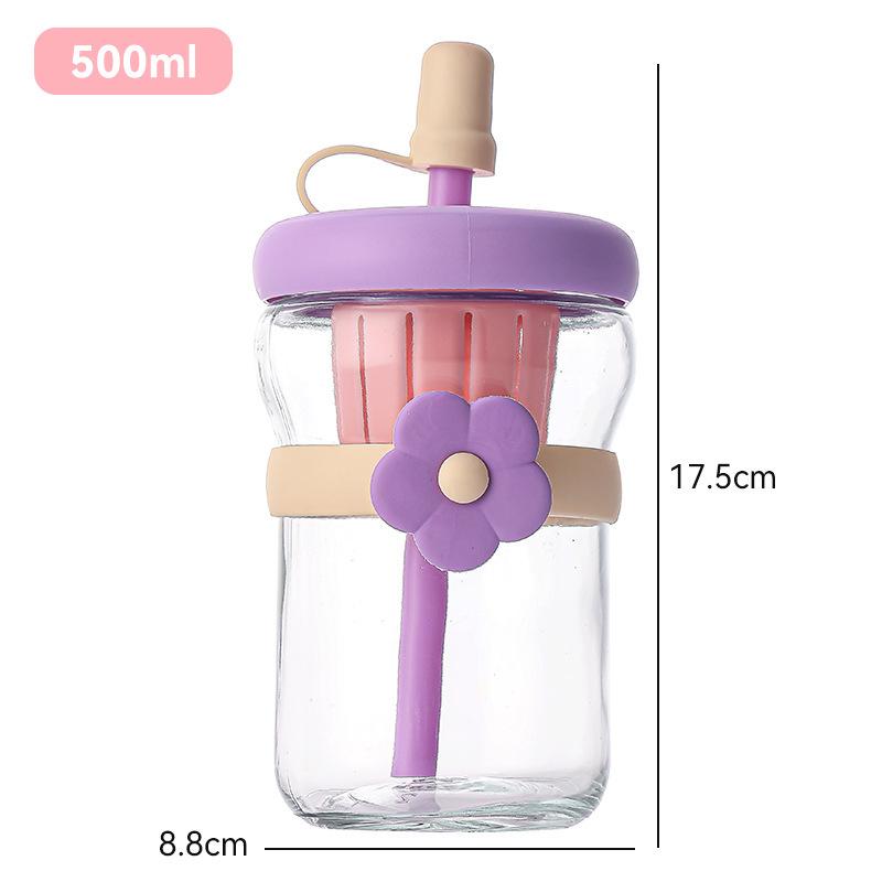 Cute Flower Tea Water Separation Glass Cup with Straw Cold Brew Flower Tea Cup For Women Tumbler Juice Milk Coffee Drinkware Cup