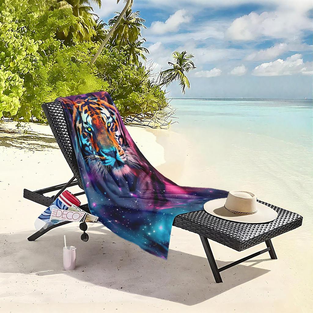 1pc Cosmic Tiger in Vibrant Galaxy 2D Printed Microfiber Beach Towel, quick dry super absorbent. Great for beach, pool