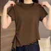 Fungus edge irregular round neck short-sleeved T-shirt women's summer design feeling waist slim and thin short versatile top
