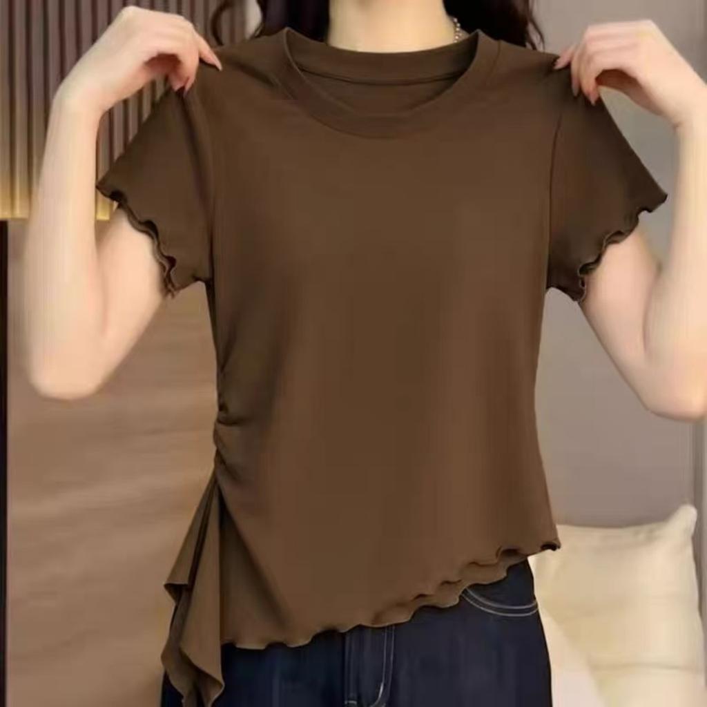 Fungus edge irregular round neck short-sleeved T-shirt women's summer design feeling waist slim and thin short versatile top