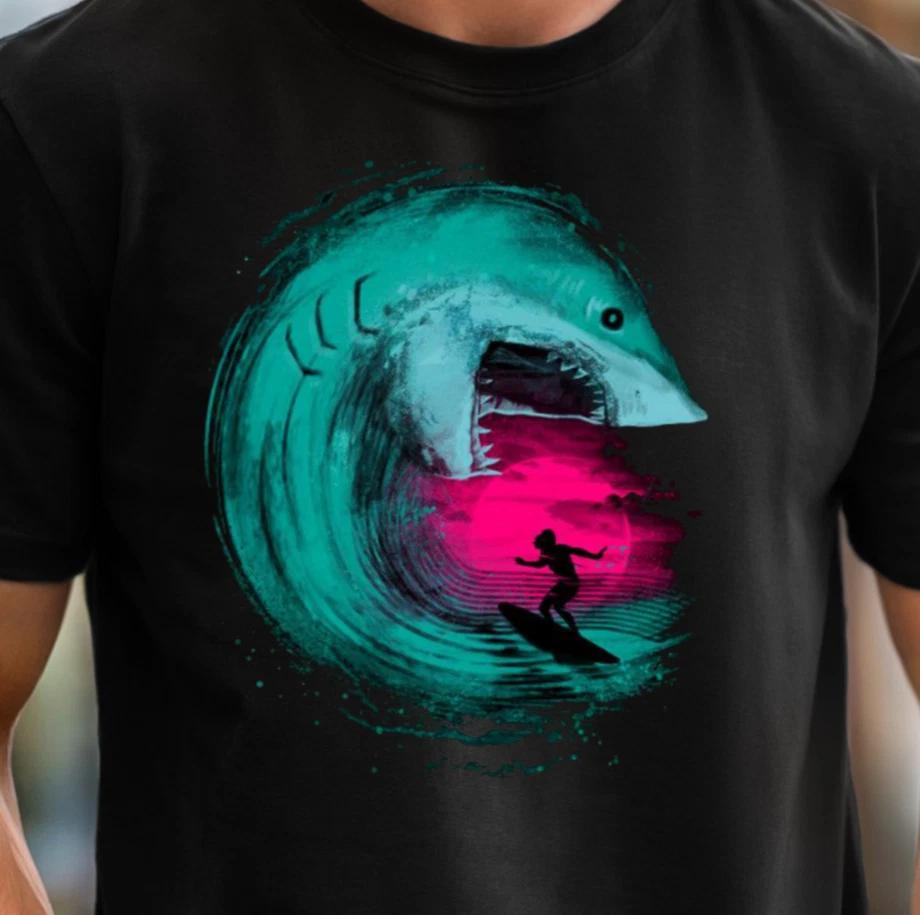 Surfer vs Giant Shark T-shirt | Neon Wave Surfing Tee, Beach Lover Shirt S