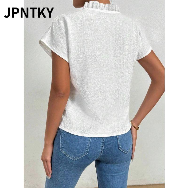 JPNTKY Women's Fashion Casual Solid Color Print V-Neck Short Sleeve Blouses & Shirts