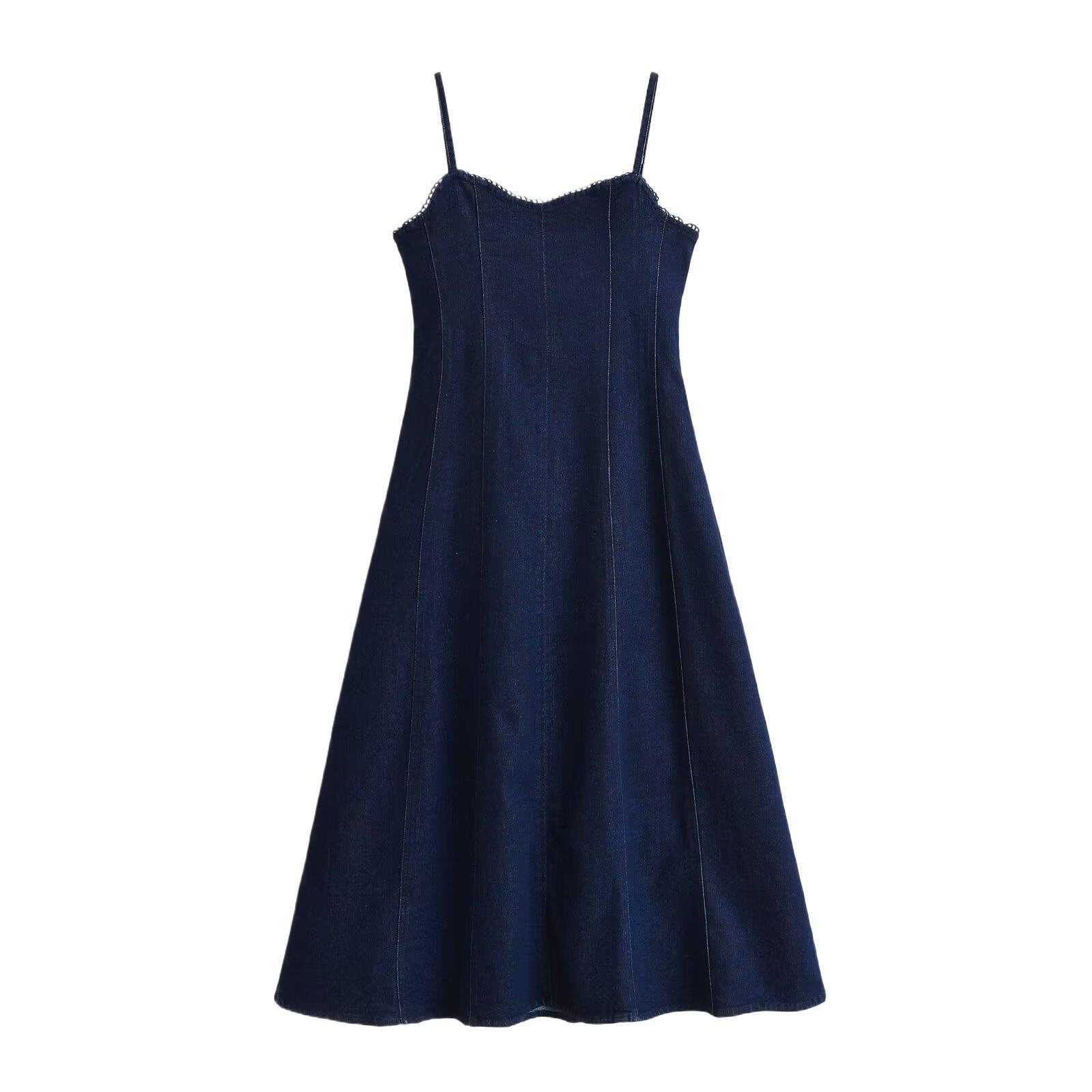 European and American women s clothing popular lazy style retro denim suspender dress S синий