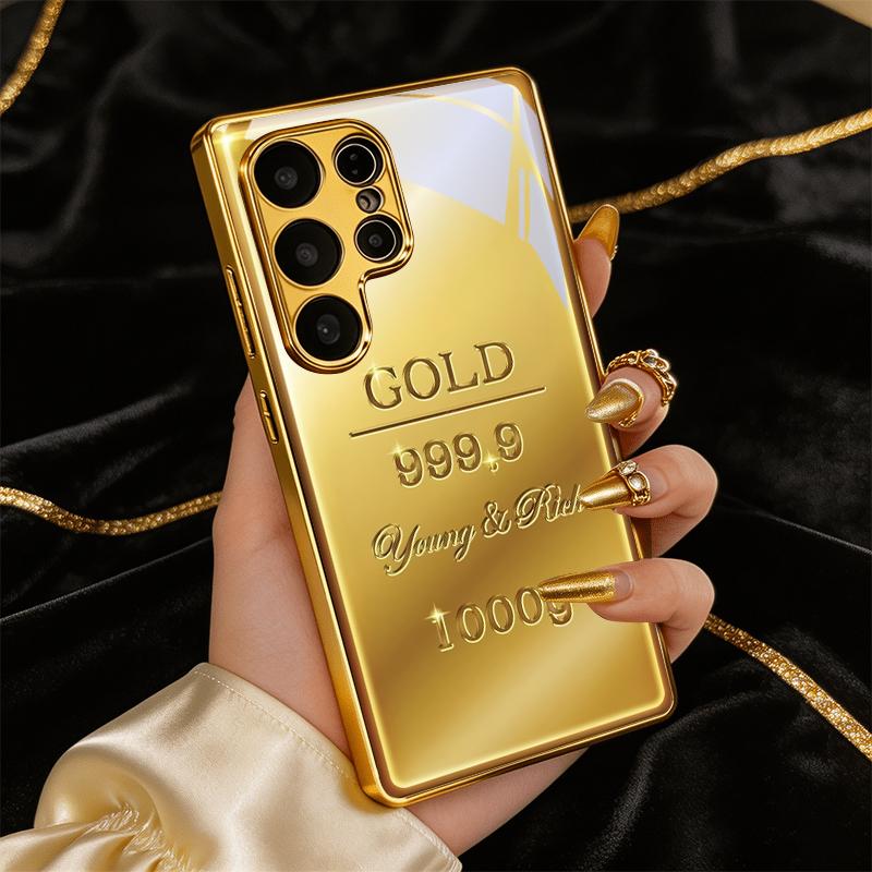 Luxury Gold Bar Electroplated Golden Phone Case For Samsung Galaxy S25 S24 S26 S23 S22 S21 S20 Ultra Plus FE S26+ Glass Cover